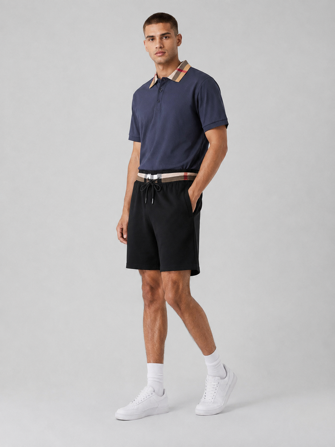 Navy Blue Polo Shirt & Shorts Two-Piece Set