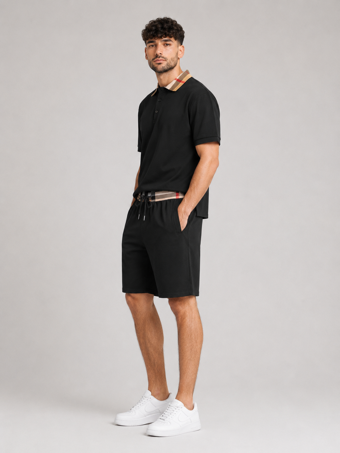 Black Polo Shirt & Shorts Two-Piece Set