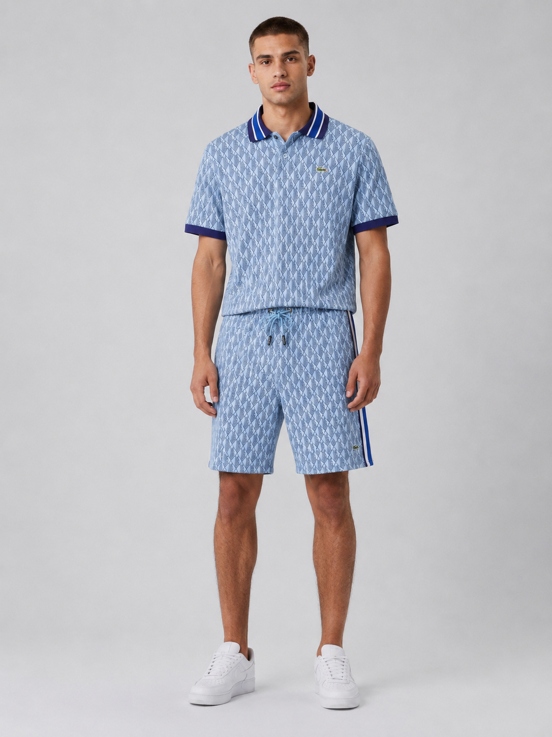 Striped Collar Light Blue Printed Cotton T-Shirt & Shorts Set