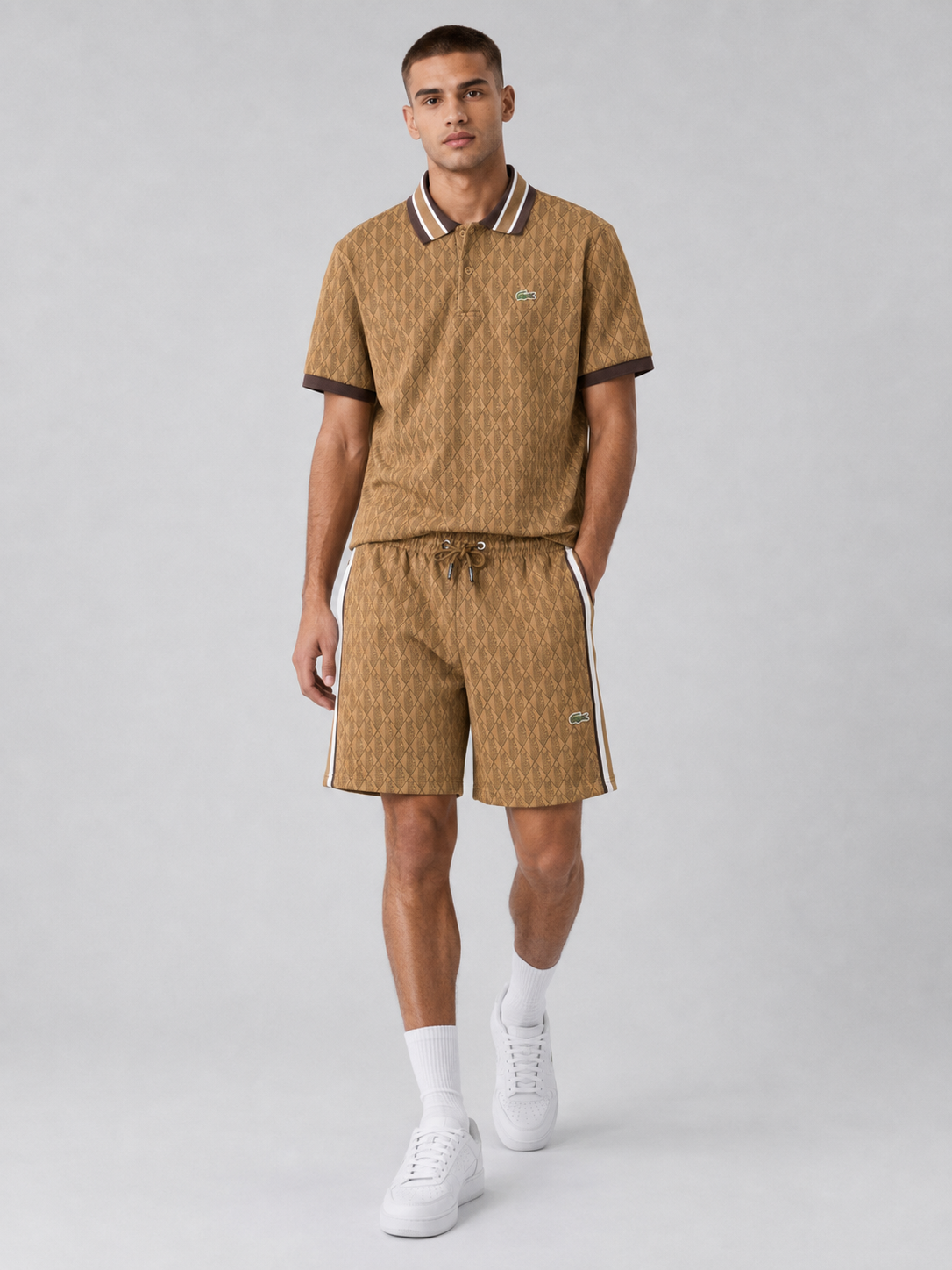 Striped Collar Brown Cotton T-Shirt & Shorts Set