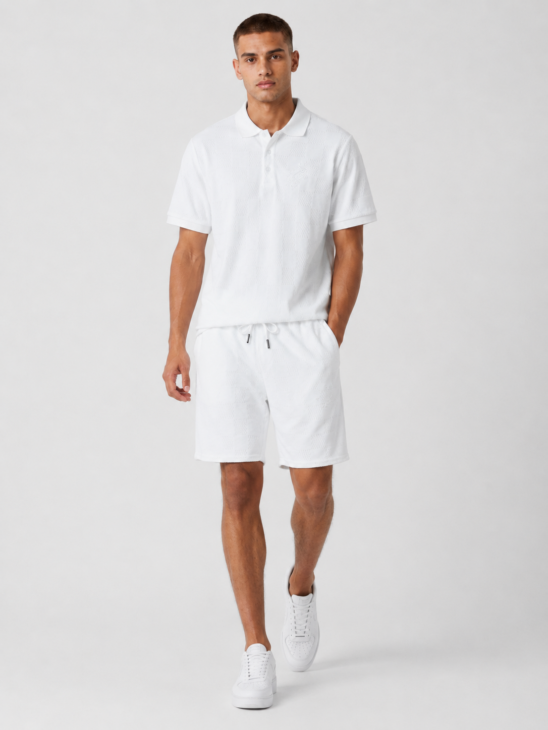 White Textured Polo Shirt & Shorts Set