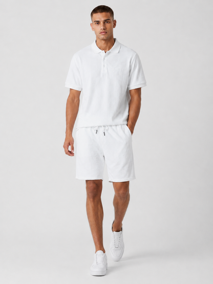 White Textured Polo Shirt & Shorts Set