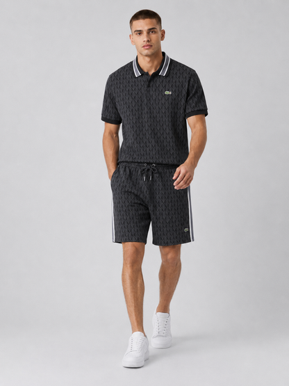 Striped Collar Black Printed Cotton T-Shirt & Shorts Set