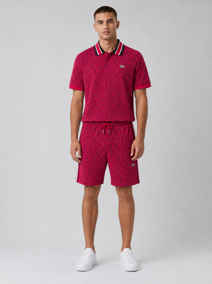 Striped Collar Red Printed Cotton T-Shirt & Shorts Set