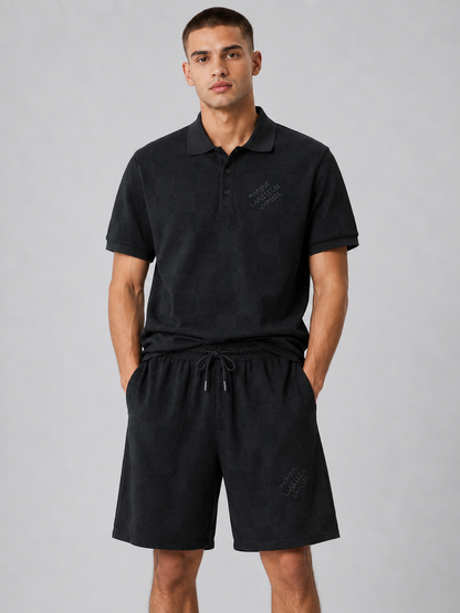 Black Textured Polo Shirt & Shorts Set