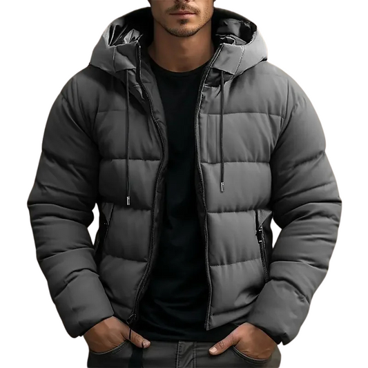 Hooded puffer jacket with zipper pockets for men | Grayson