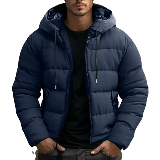 Hooded puffer jacket with zipper pockets for men | Grayson