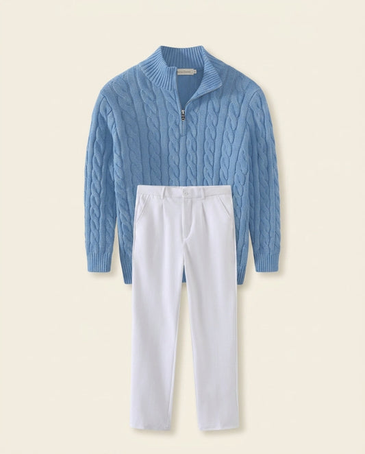 Cable Knit Zip & White Chino Set Blue