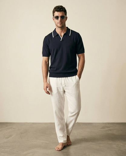 Navy Knit Polo & White Linen Trousers Set