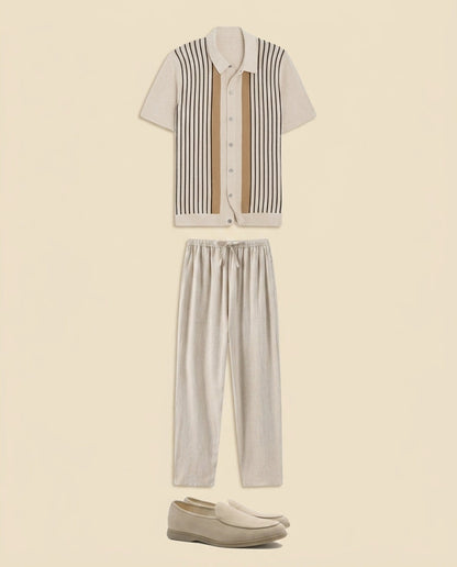 Stripe Knit Shirt & Linen Trousers Set