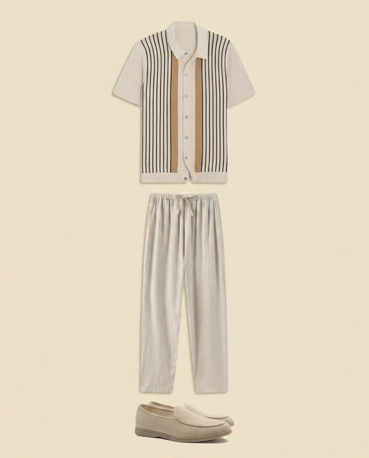 Stripe Knit Shirt & Linen Trousers Set