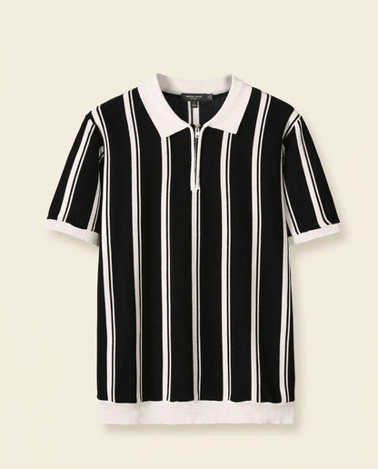 Stripe Zip Polo Shirt Black White