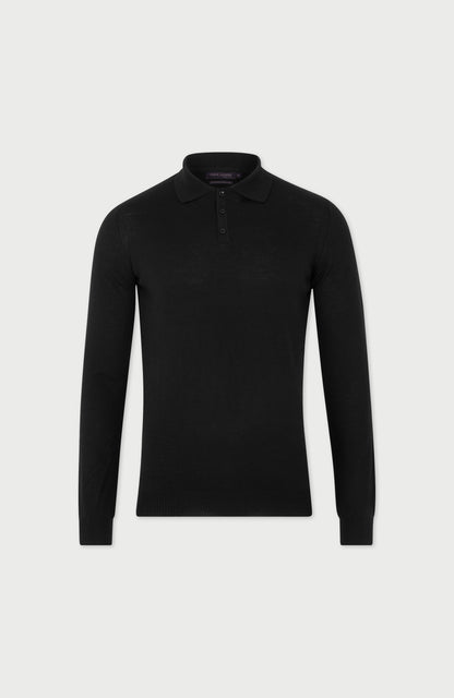 Mens Extra Fine Merino Wool Long Sleeve Polo Shirt