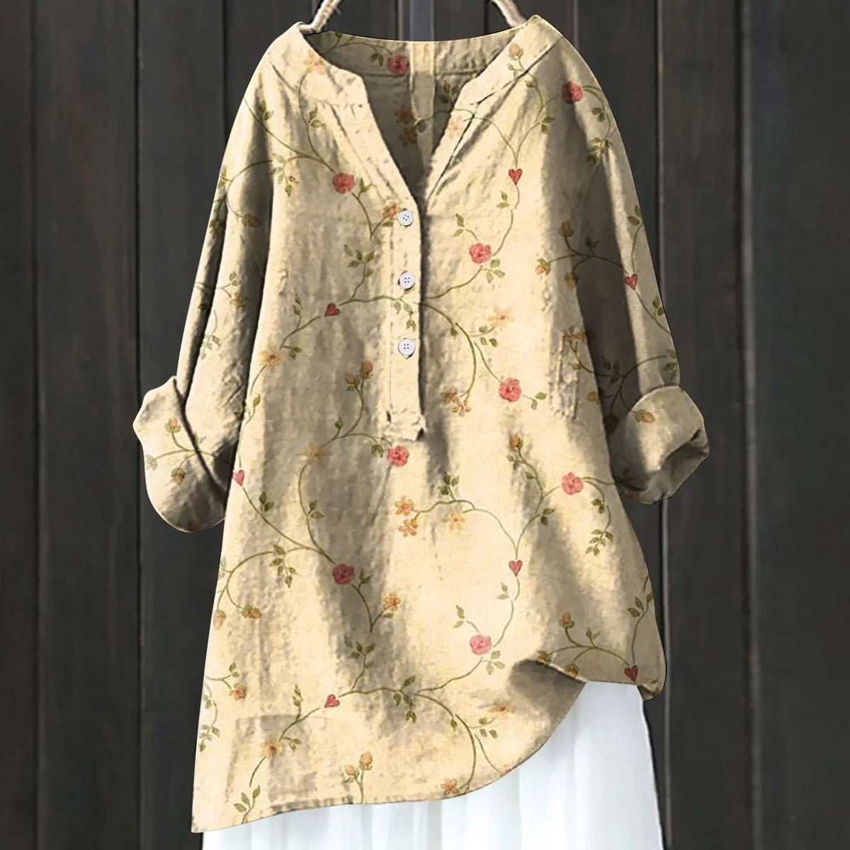 Vintage floral art print linen long sleeve shirt for women | Luna