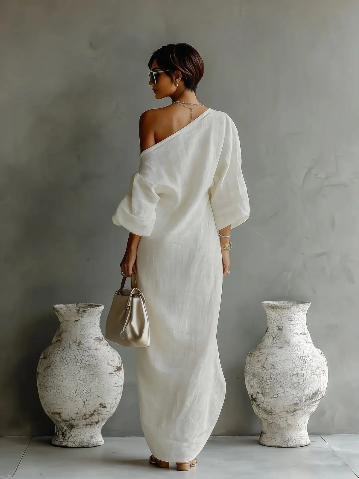 Textured linen one shoulder dress for women | Daisy