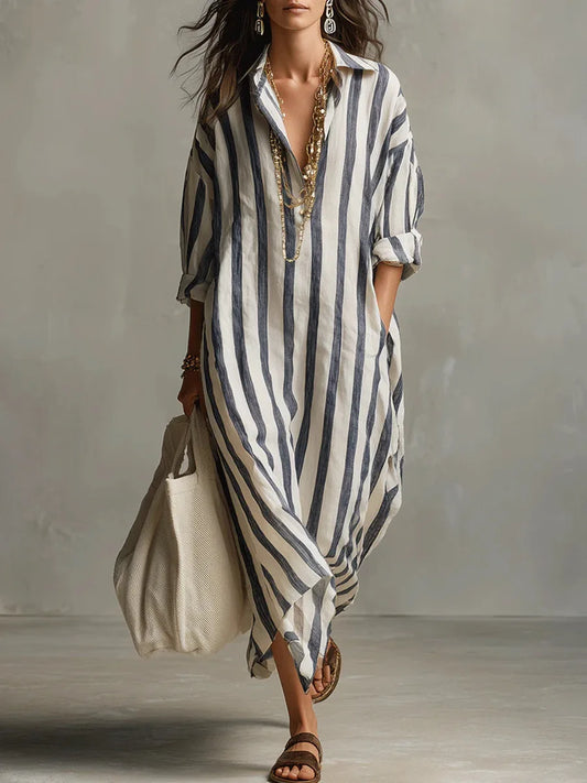 Striped linen long shirt dress for women | Amaris
