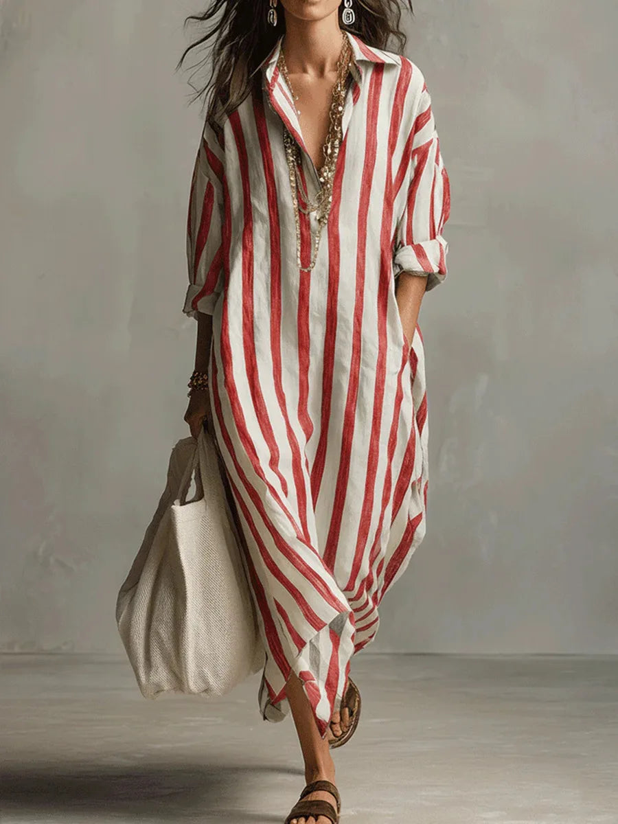Striped oversized linen shirt maxi dress for women | Marisela