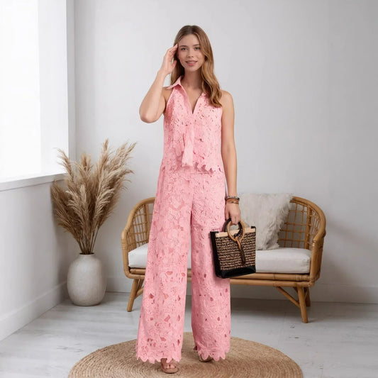 Premium lace collared wide leg pant set for women | Serelle