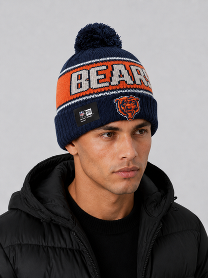 Chicago Bears Era Navy Striped Cuffed Knit Hat with Pom
