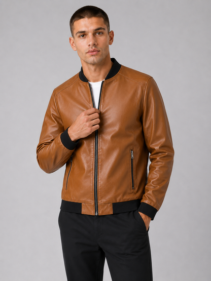 PU Leather Baseball Collar Jacket