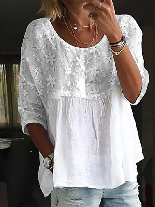 White floral embroidered patchwork blouse for women | Delphine