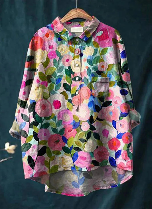 Vintage colorful floral art print cotton linen shirt for women | Flora