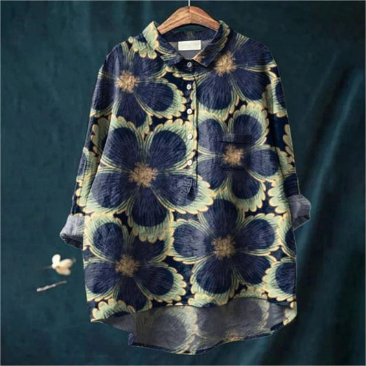 Vintage colorful floral art print cotton linen shirt for women | Flora