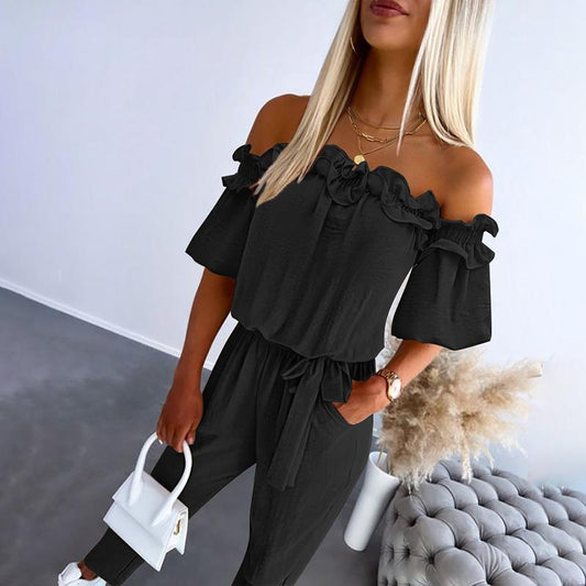Chic off-shoulder frill tie-waist jumpsuit for women | Camila