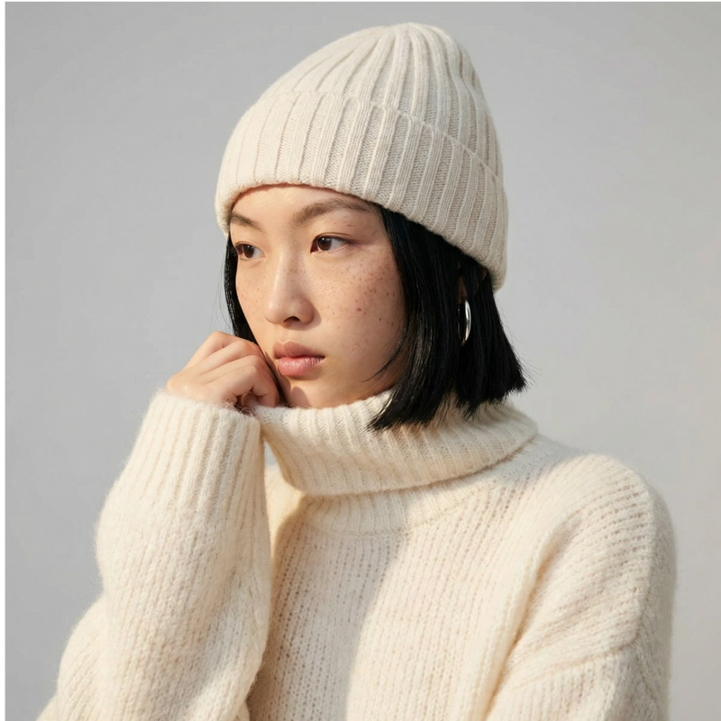 Ribbed Knit Cashmere Merino Wool Blend Beanie Hat