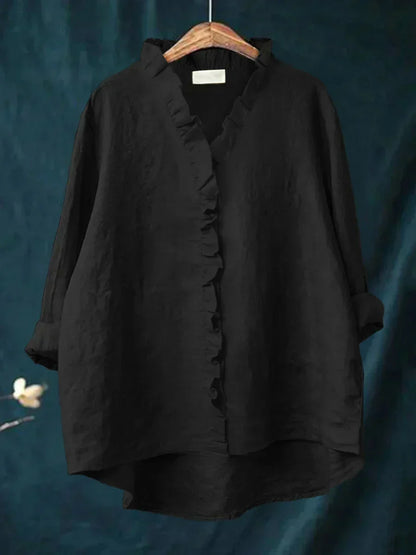 Cotton linen ruffle V-neck casual blouse for women | Eliza