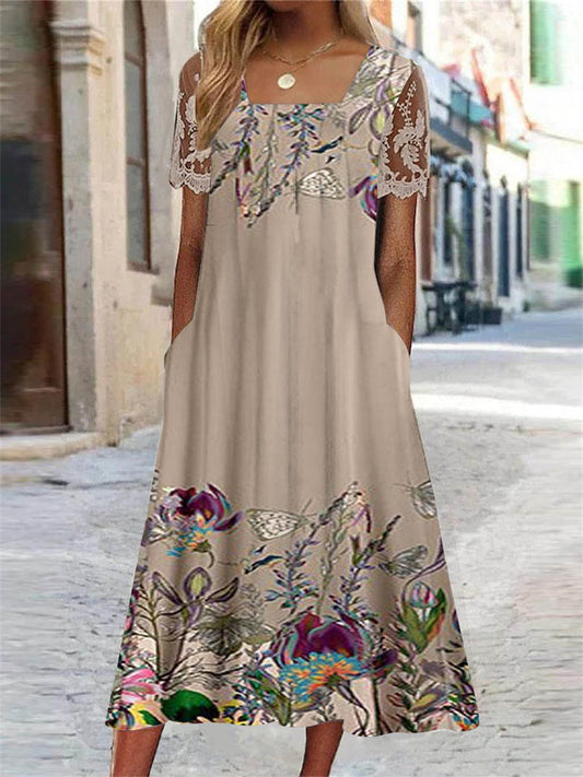 Vintage floral lace square neck midi dress for women | Cordelia