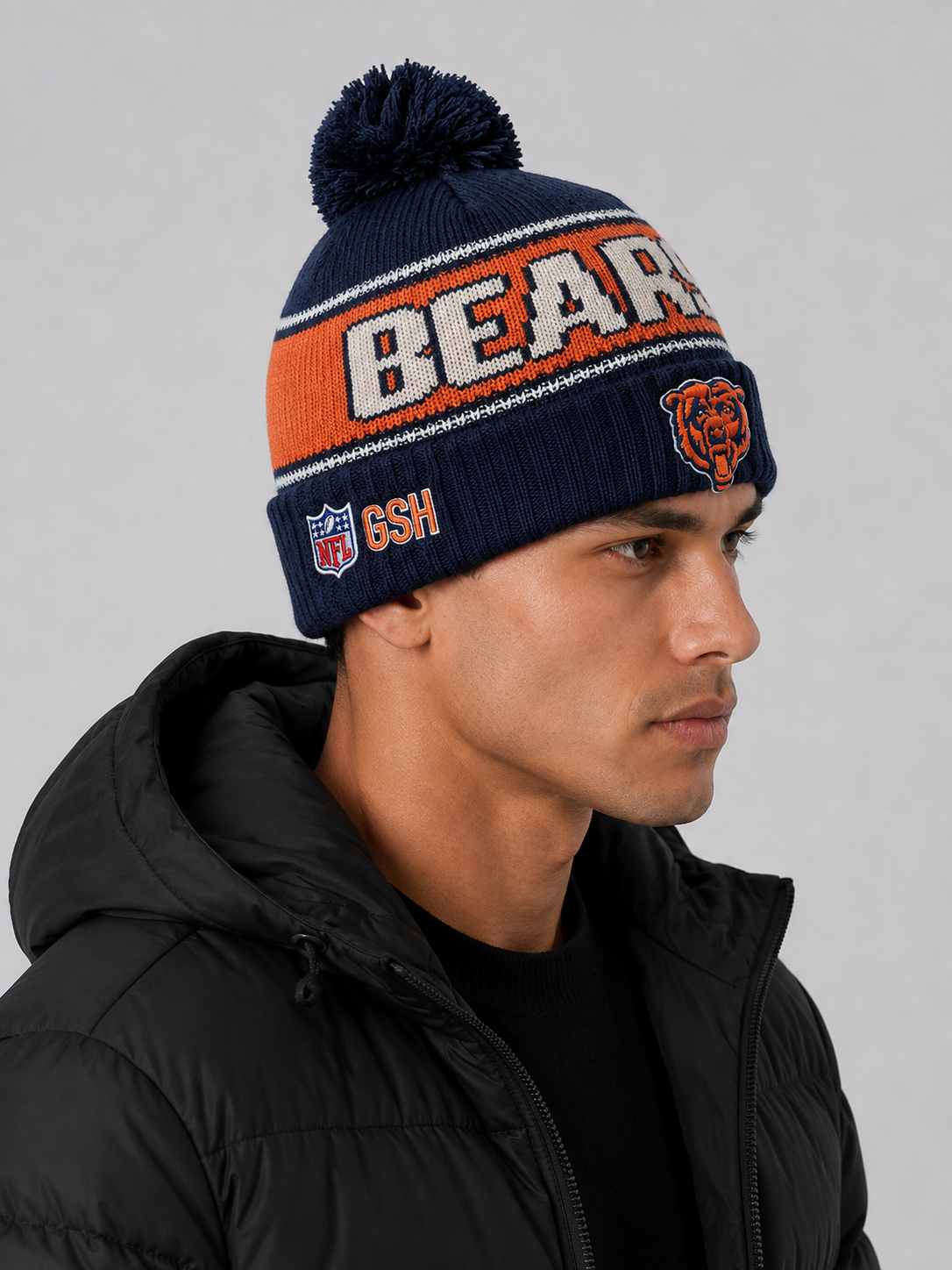 Chicago Bears Era Navy Striped Cuffed Knit Hat with Pom