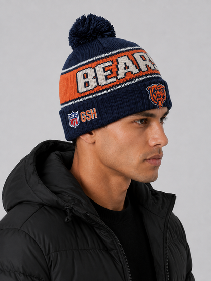 Chicago Bears Era Navy Striped Cuffed Knit Hat with Pom