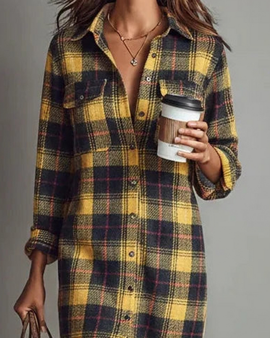 Marova | Women's Checkered Shirt Collar Knee Length Dress