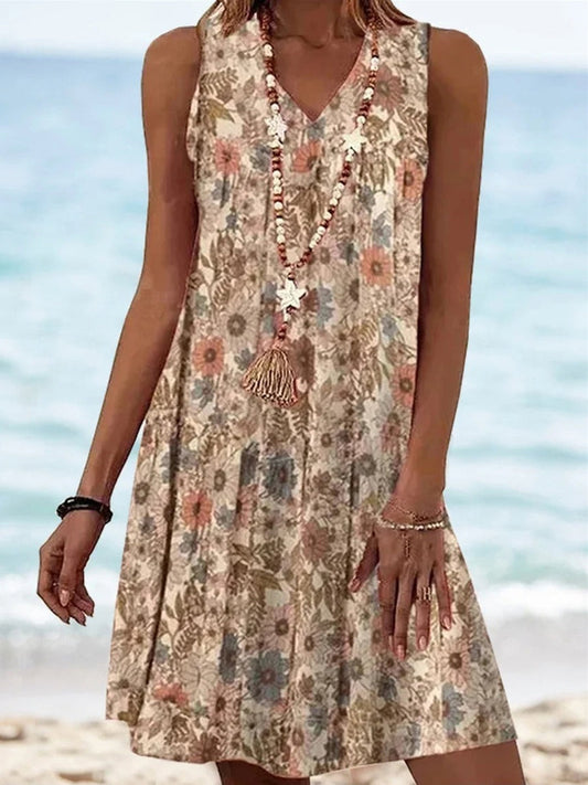 Vintage floral sleeveless A-line summer dress for women | Marisela