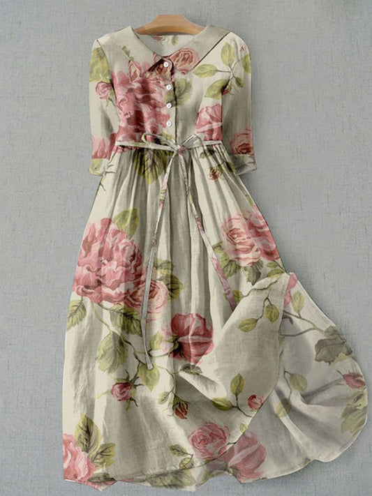 Vintage floral button-front tie-waist maxi dress for women | Fleur
