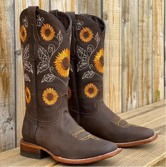 Embroidered cowboy boots with sunflower detail for women | Samantha