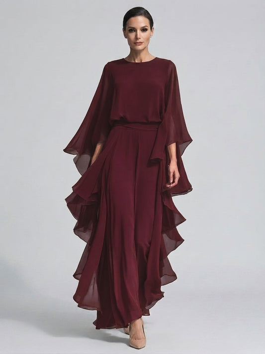 Isabelle | Women's Chiffon Ruffle Sleeve Top and Wide Leg Trousers Set