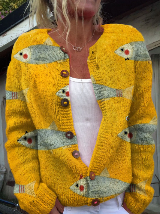 Marivelle | Women's Fish Print Button Front Cardigan