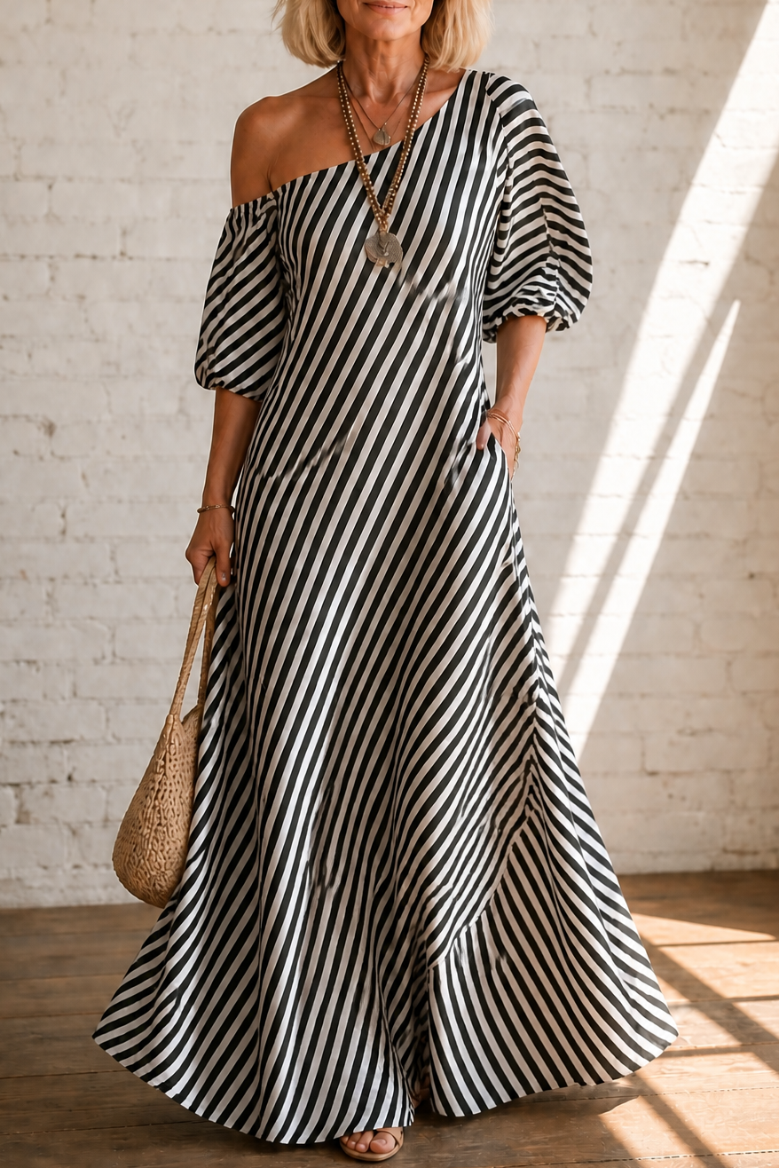 Ornestra | Women's One-Shoulder Puff Sleeve Maxi Dress