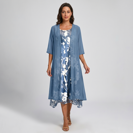 Floral slip midi dress with sheer open-front duster set for women | Marisela